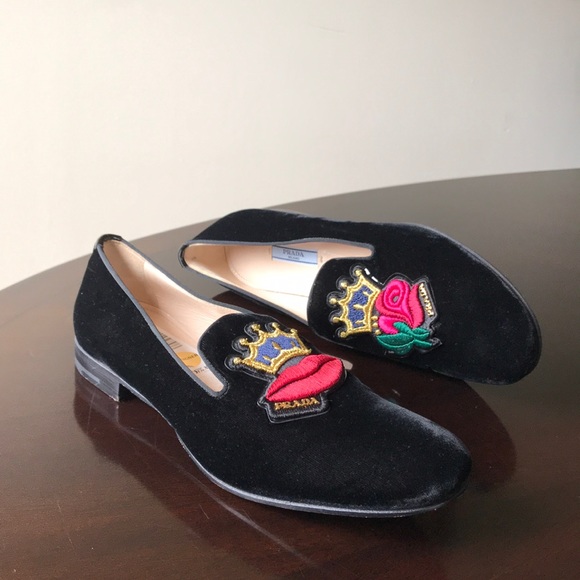 Black velvet king lips & flower Prada Penny Loafer - Picture 5 of 8